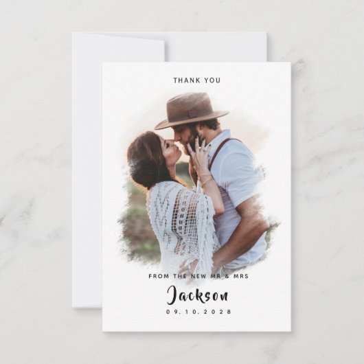 シンプル ヴィンテージ ブラシ フォト ウェディング サンキューカード (正面)