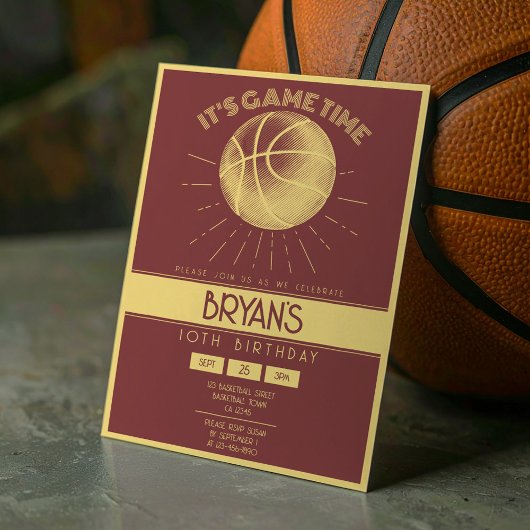 シンプル ヴィンテージ レトロ ゴールド バスケットボール 誕生日 招待状