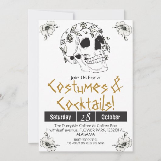 シンプル 大人 ヴィンテージ ハロウィンパーティー ゴシック スカル 招待状 (正面)