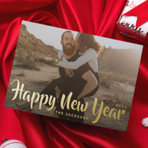 シンプル 楽しい メリークリスマス 家族 ゴールド 写真 ホイル 箔シーズンポストカード