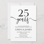 シンプル 白 黒 25周年 結婚記念日 招待状 (正面)