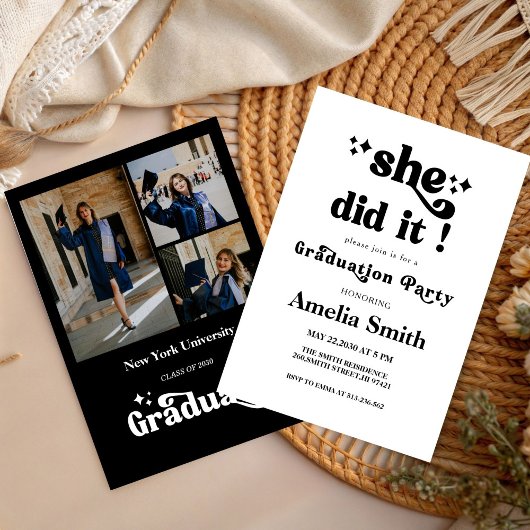 シンプル She Did It 卒業パーティー 三つ写真 招待状