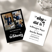 シンプル She Did It 卒業パーティー 三つ写真 招待状
