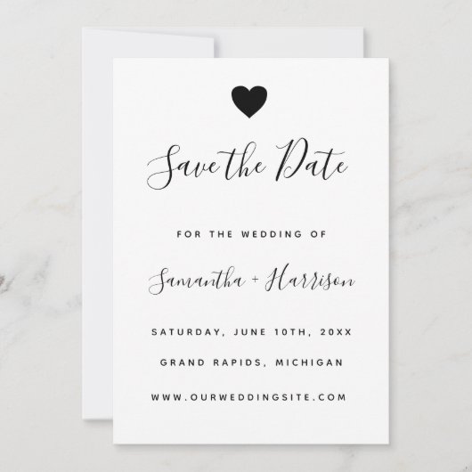 シンプルBlackハートの結婚フラット日付カードを保存 招待状 (正面)