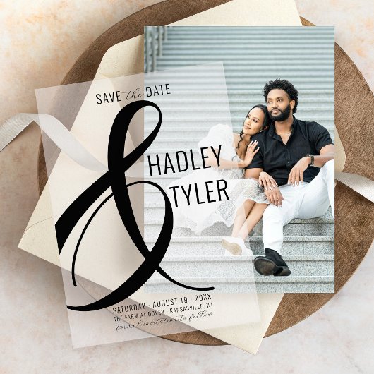 シンプルBLACKモダン Overlay Wedding日付を保存 ベラム紙招待状