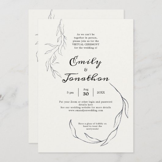 シンプルBlack Leaf Script Virtualの結婚 招待状 (正面/裏面)