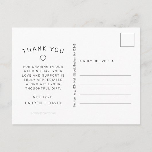 シンプルBlack Scriptの写結婚真ありがとう ポストカード (裏面)