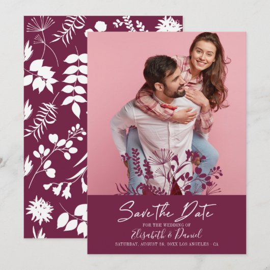 シンプルBurgundyの結婚写真Save The Date セーブザデート (正面/裏面)