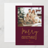 シンプルBurgundyモダン金ゴールドメリークリスマスフォト シーズンカード (正面/裏面)