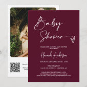 シンプルBurgundyモダン Baby Shower QRコード写真 招待状 (正面/裏面)