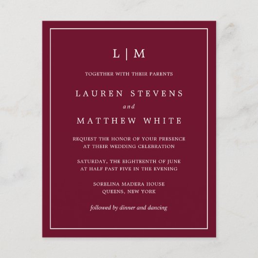 シンプルBurgundy Monogram Budget Wedding Invite (正面)