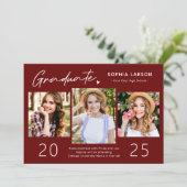 シンプルBurgundy Red 3フォトコラージュ卒業 案内状 (スタンド正面)