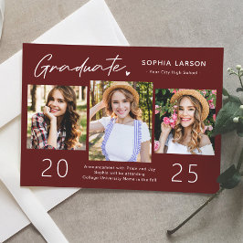 シンプルBurgundy Red 3フォトコラージュ卒業 案内状