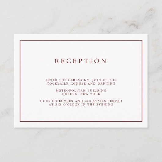 シンプルBurgundy White Minimalistウェディングレセプション エンクロージャーカード (正面)