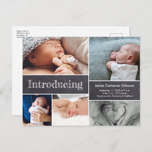 シンプルChalkboard複数のベビー写真の紹介 案内ポストカード (正面/裏面)