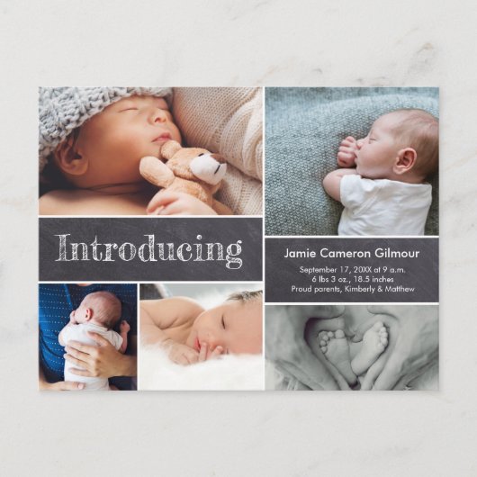 シンプルChalkboard複数のベビー写真の紹介 案内ポストカード (正面)