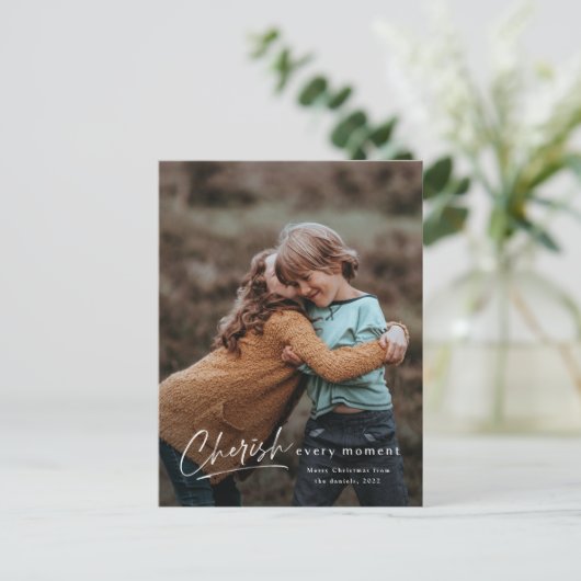 シンプルCherish Every Moment写真クリスマス シーズンポストカード (スタンド正面)