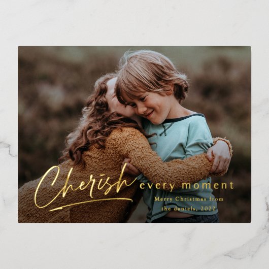 シンプルCherish Every Moment写真クリスマス 箔シーズンポストカード (正面)