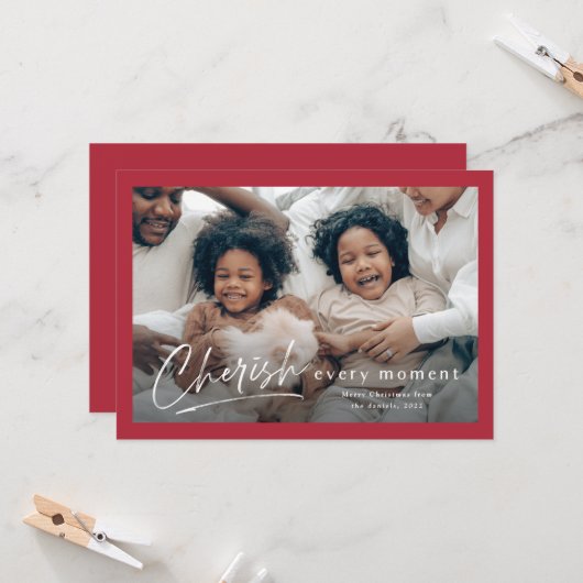 シンプルCherish Script 2写真クリスマス カード (正面/裏面インサイチュ)