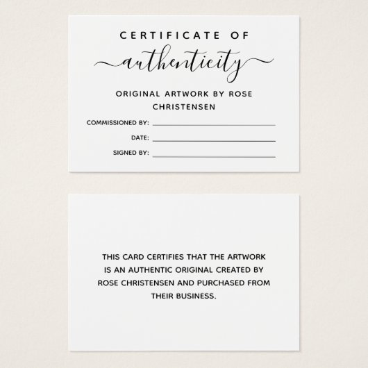 シンプルChic Script Certificate of Authenticity (正面&裏面)