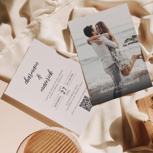 シンプルChic Script Photo QRコード結婚の起動 招待状