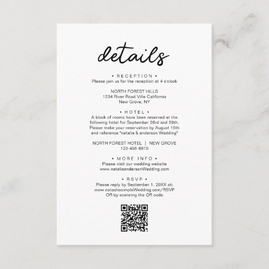 シンプルChic Script QRコードの結婚詳細 エンクロージャーカード (正面)