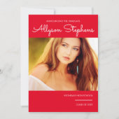 シンプルClassyスクリプト1枚フォトレッド |白い文字 案内状 (正面)