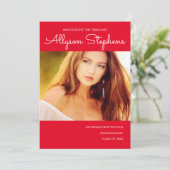 シンプルClassyスクリプト1枚フォトレッド |白い文字 案内状 (スタンド正面)