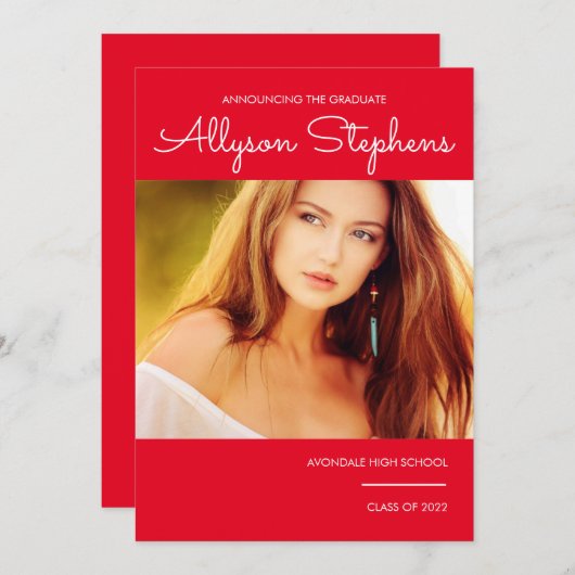 シンプルClassyスクリプト1枚フォトレッド |白い文字 案内状 (正面/裏面)