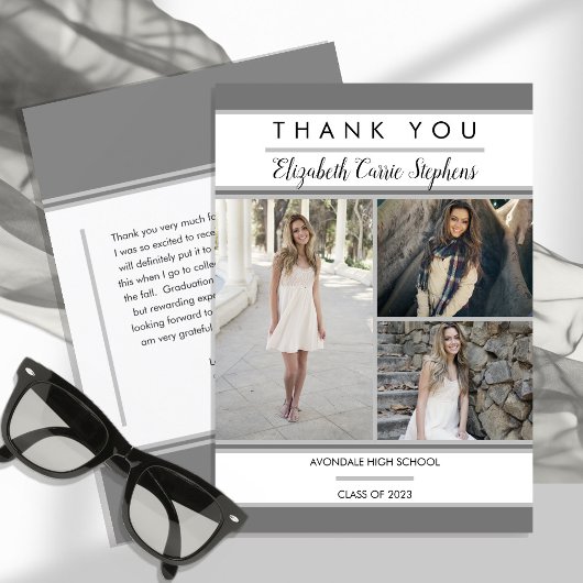 シンプルClassy 3フォトグレー |ホワイトの卒業 サンキューカード