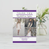 シンプルClassy 3フォトパープル |白の卒業 サンキューカード (スタンド正面)