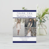 シンプルClassy 3フォトブルー |ホワイトの卒業 サンキューカード (スタンド正面)