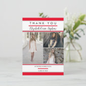 シンプルClassy 3枚フォトレッド |ホワイトの卒業 サンキューカード (スタンド正面)