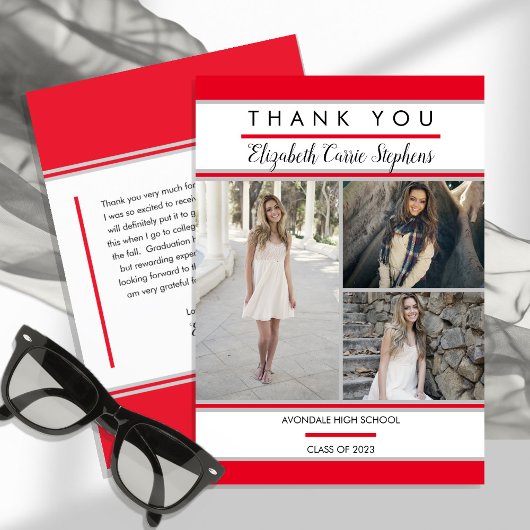 シンプルClassy 3枚フォトレッド |ホワイトの卒業 サンキューカード