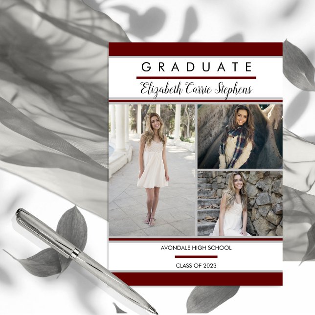 シンプルClassy Three Photo Maroon |白の卒業 (クリエイターアップロード済み)