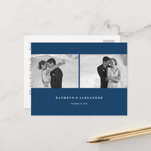 シンプルClean Blue Frame結婚's Thank You 2 Photo ポストカード (正面/裏面インサイチュ)