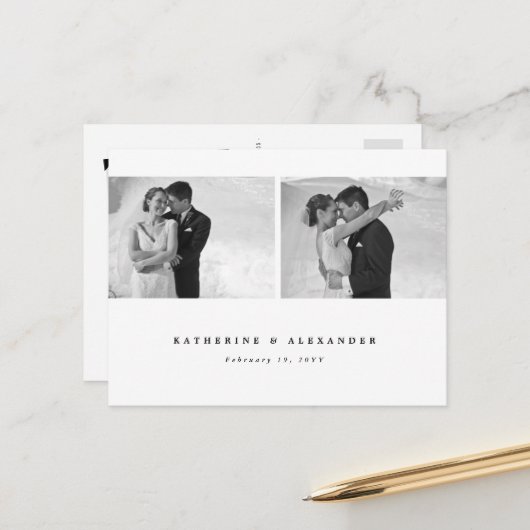 シンプルClean White Frame結婚's Thank You 2 Photo ポストカード (正面/裏面インサイチュ)