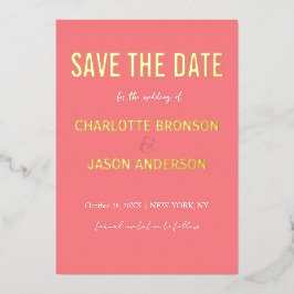 シンプルCoralモダン Pink日付金ゴールドを保存 箔招待状