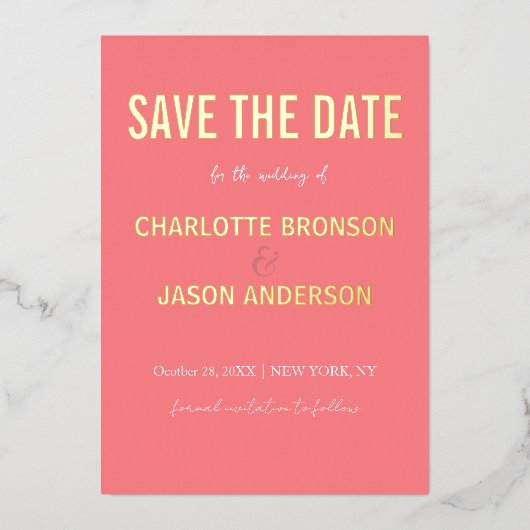 シンプルCoralモダン Pink日付金ゴールドを保存 箔招待状 (正面)