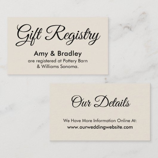 シンプルCream エレガント結婚 Geft Registry エンクロージャーカード (正面/裏面)