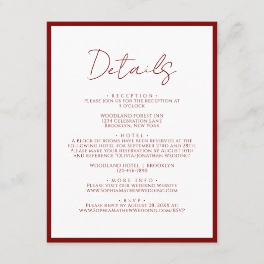 シンプルCrimson Red Script縁どの結婚詳細 エンクロージャーカード (正面)