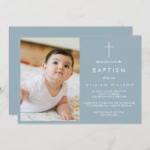 シンプルDusty Blue Baptismの写真 招待状 (正面/裏面)