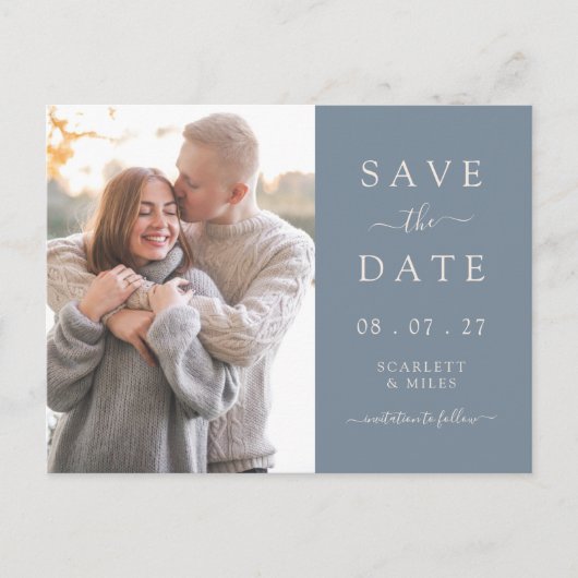 シンプルDusty Blue Photo Save The Date 結婚's 案内ポストカード (正面)