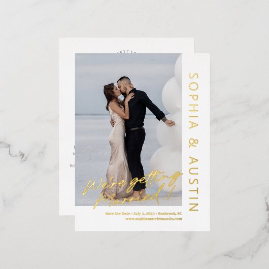 シンプルFOIL結婚式の日付はがきを保存 箔招待状ポストカード (正面/裏面)