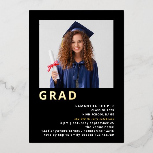 シンプルGrad 2025写真卒業ブラック金ゴールド実在 箔招待状 (正面)