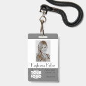 シンプルGray GreyロゴバーコードID写真部門 バッジ (正面(ネックストラップ付))