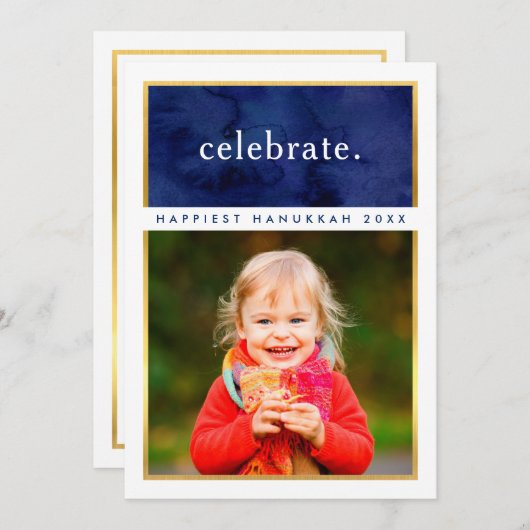 シンプルHANUKKAHスクア祝プ写真金ゴールド海軍 招待状 (正面/裏面)