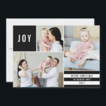 シンプルJoy 3フォトコラージュモダンストライプ |黒 シーズンカード<br><div class="desc">このスタイリッシュ3枚のフォトコラージュのホリデーカードはシンプルフォントと黒と白のデザインとストライプを備えたを備えている。写真テンプレートには、正方形の形状、水平の形状、垂直の形状が含まれる。カードの裏には、黒い背景の上に白いおもしろいの雪片パターンが含まれている。デザインや製品に関するお問い合わせ連絡はorabellaprints@outlook.comまで(Tracey)までお願い。</div>