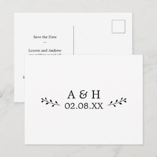 シンプルLeaf Motifエレガント Monogram Save the Date ポストカード