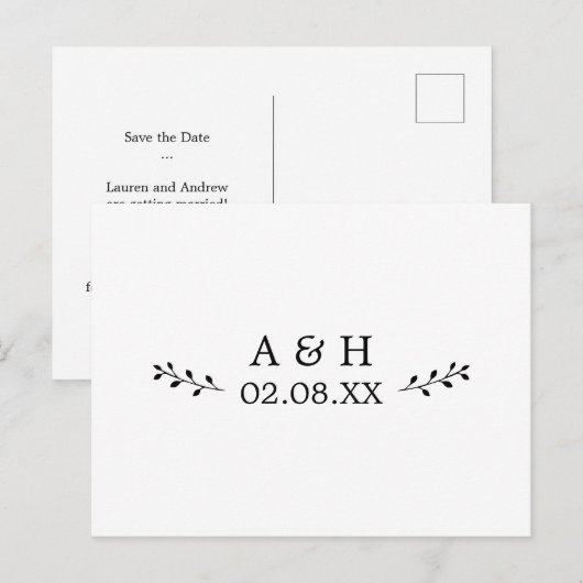 シンプルLeaf Motifエレガント Monogram Save the Date ポストカード (正面/裏面)